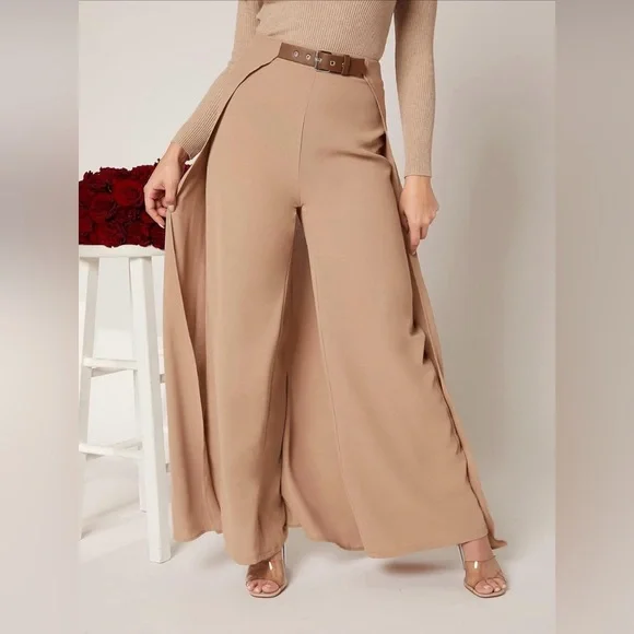 SHEIN High Waist Wide Leg Belted Pants with Skirt Overlay - Tan/Khaki - Size 6 - Picture 1 of 5